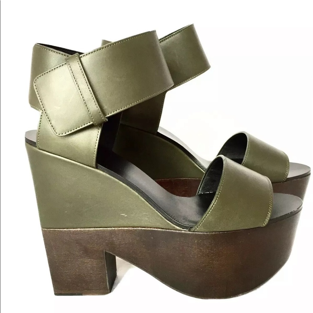 COPY - Celine Two Tone Leather Platform Ankle Strap Wedge Sandals Olive Green 39